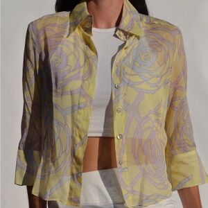 CHANEL Yellow Floral Sheer Button-Down Shirt